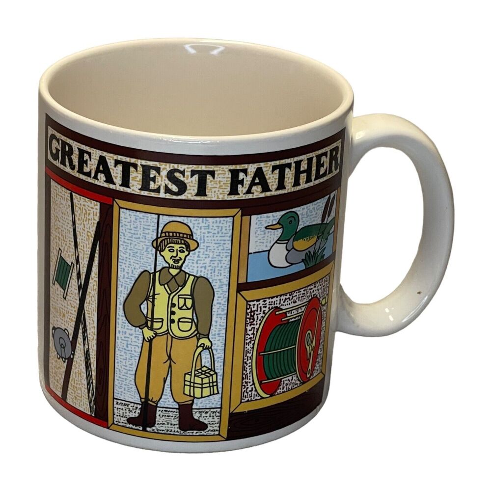 Vintage White Greatest Father Fall Angler Fishing Pole Reel Duck Ceramic Mug - Picture 1 of 7